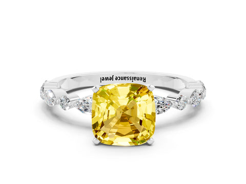 White gold Cushion Cut Yellow Sapphire Solitaire with Side Stones on a Pavé Band and Four-Prong Setting_24