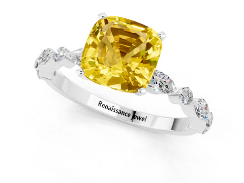 White gold Cushion Cut Yellow Sapphire Solitaire with Side Stones on a Pavé Band and Four-Prong Setting_25