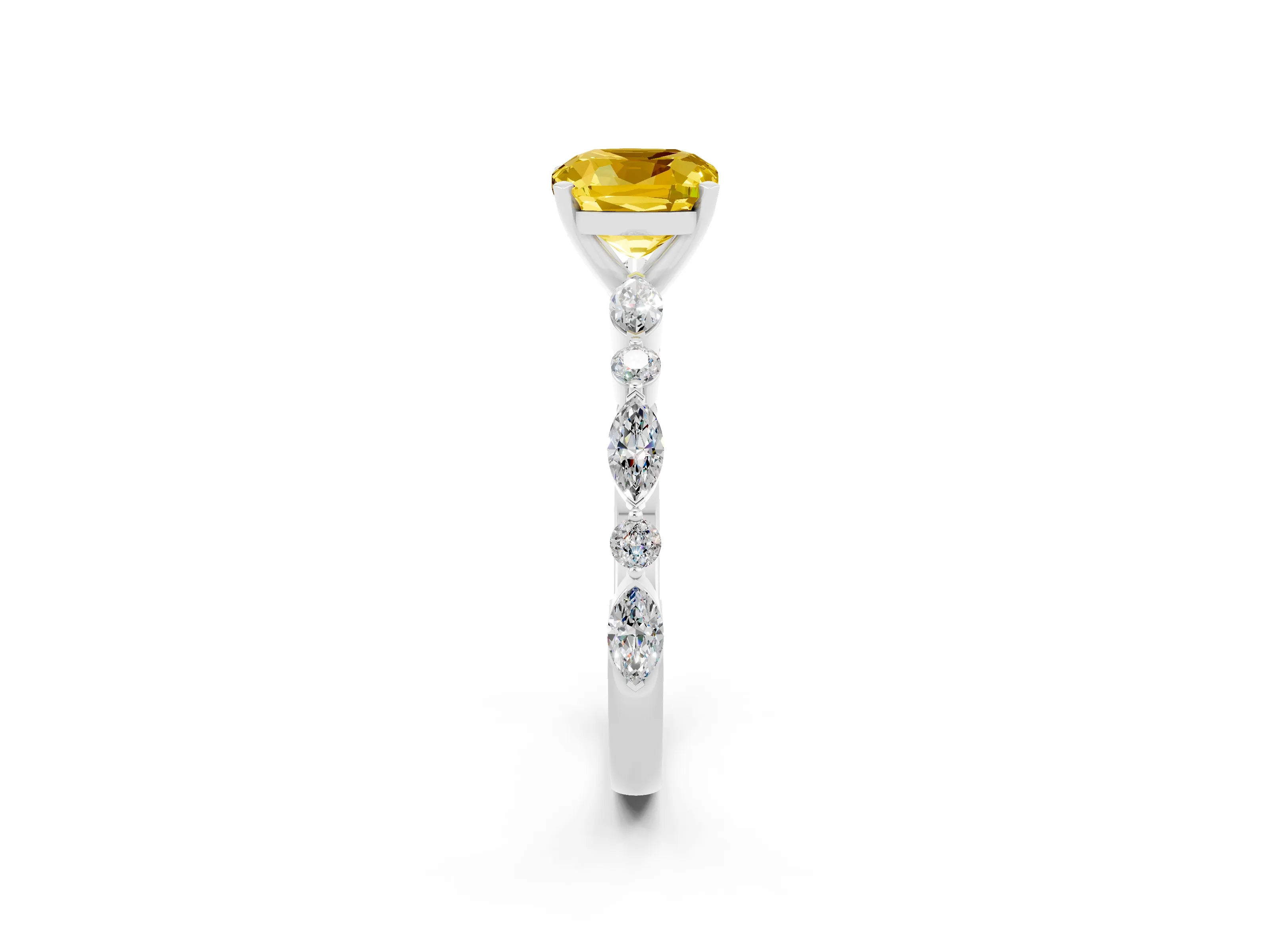 White gold Cushion Cut Yellow Sapphire Solitaire with Side Stones on a Pavé Band and Four-Prong Setting_26