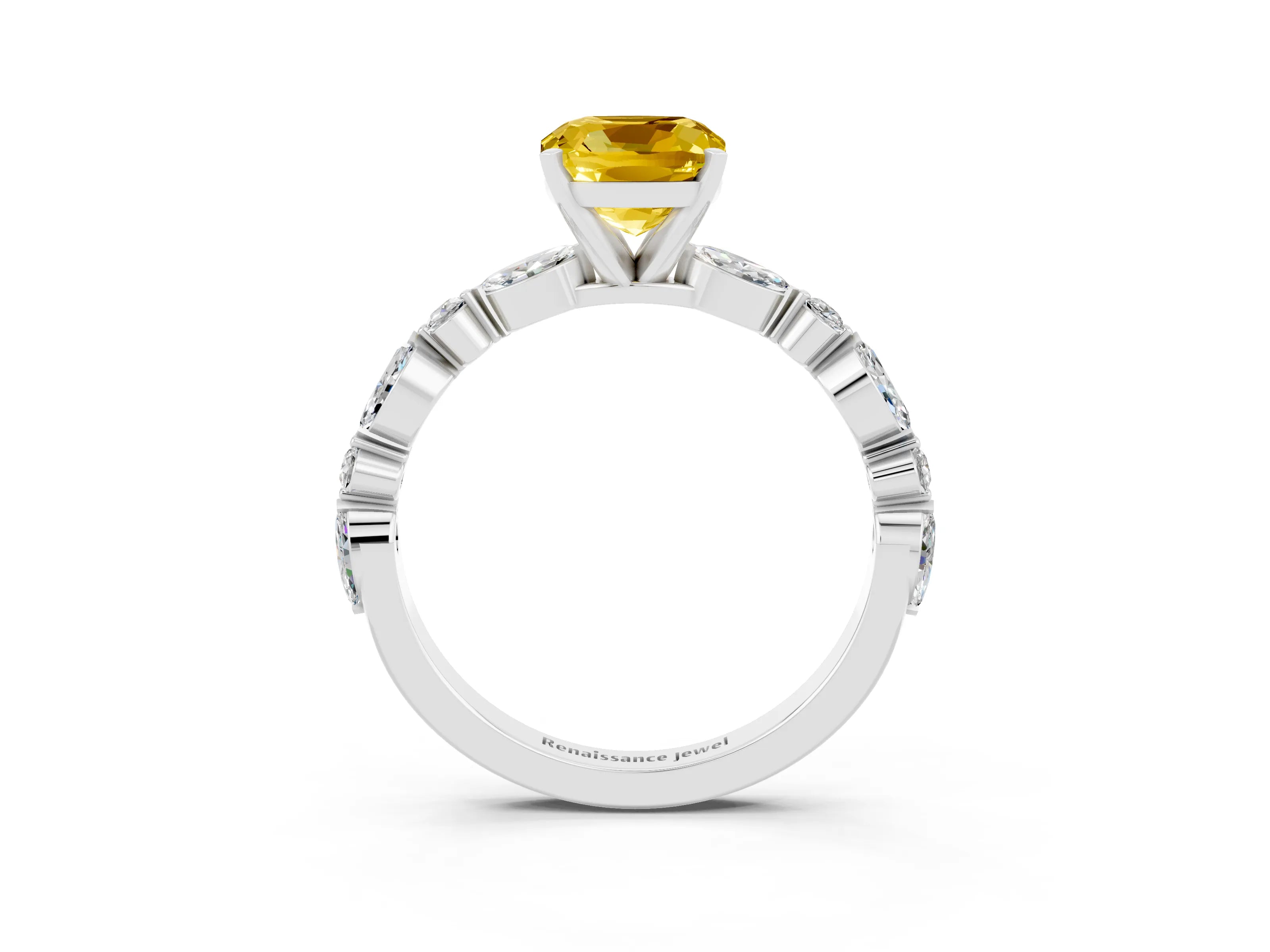 White gold Cushion Cut Yellow Sapphire Solitaire with Side Stones on a Pavé Band and Four-Prong Setting_27