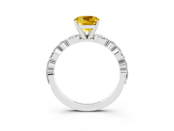 White gold Cushion Cut Yellow Sapphire Ring with Marquise and Round  Side Stones and Four-Prong Setting