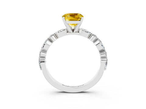 White gold Cushion Cut Yellow Sapphire Solitaire with Side Stones on a Pavé Band and Four-Prong Setting_27