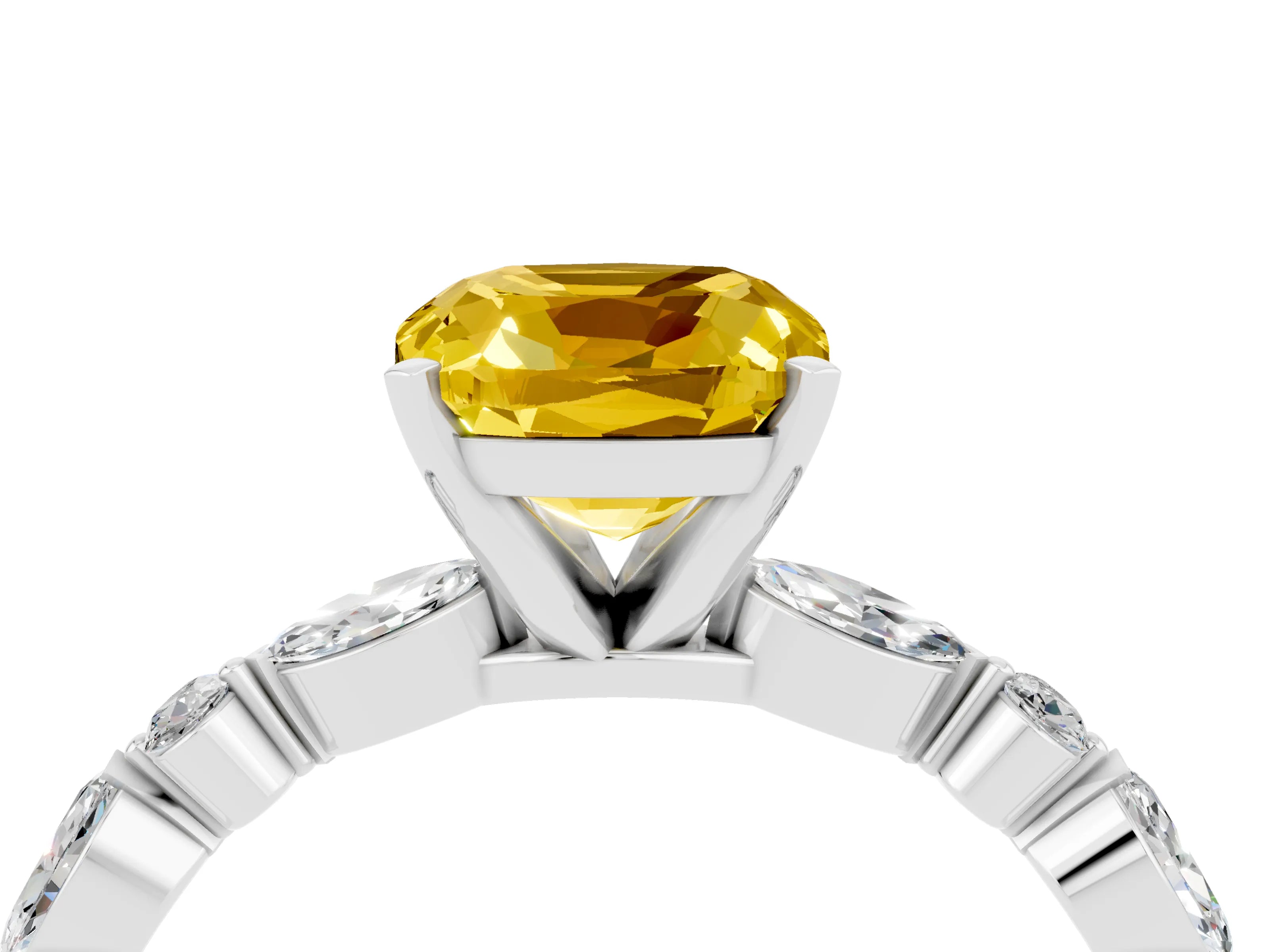 White gold Cushion Cut Yellow Sapphire Solitaire with Side Stones on a Pavé Band and Four-Prong Setting_28