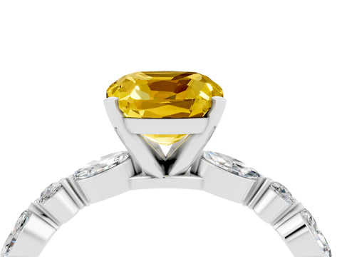 White gold Cushion Cut Yellow Sapphire Solitaire with Side Stones on a Pavé Band and Four-Prong Setting_28