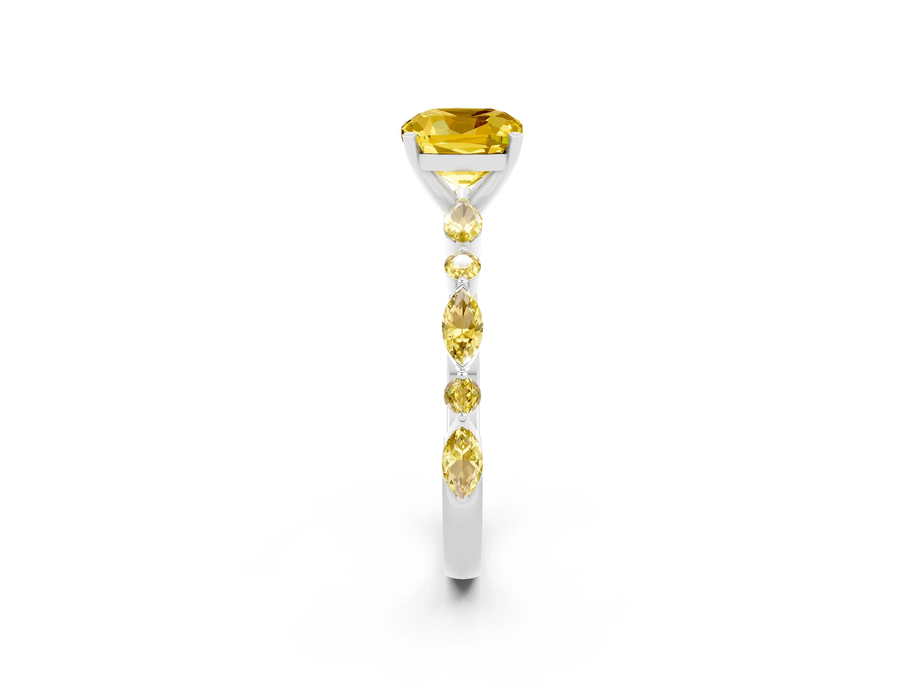 White gold Cushion Cut Yellow Sapphire Solitaire with Side Stones on a Pavé Band and Four-Prong Setting_2