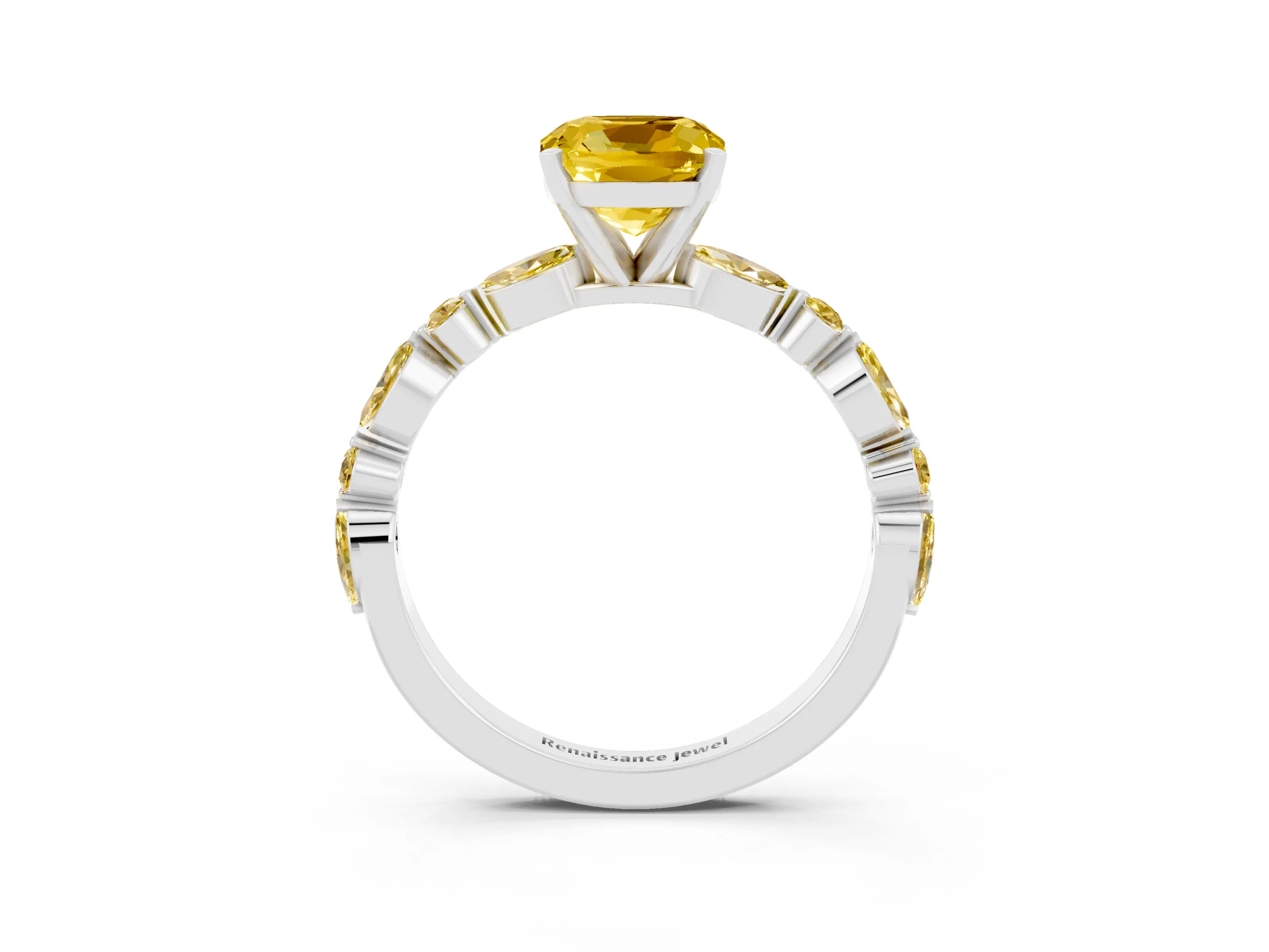 White gold Cushion Cut Yellow Sapphire Solitaire with Side Stones on a Pavé Band and Four-Prong Setting_3