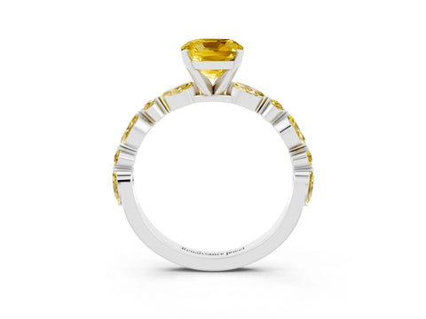 White gold Cushion Cut Yellow Sapphire Solitaire with Side Stones on a Pavé Band and Four-Prong Setting_3