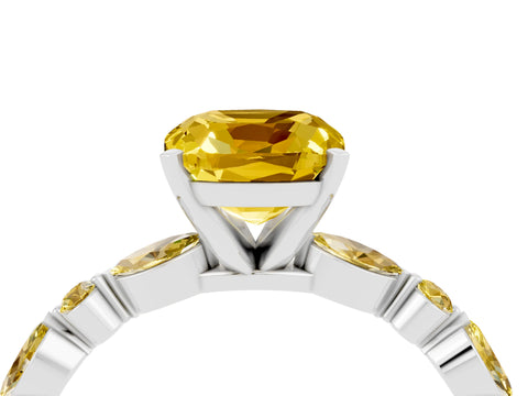 White gold Cushion Cut Yellow Sapphire Solitaire with Side Stones on a Pavé Band and Four-Prong Setting_4