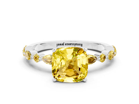 White gold Cushion Cut Yellow Sapphire Solitaire with Side Stones on a Pavé Band and Four-Prong Setting