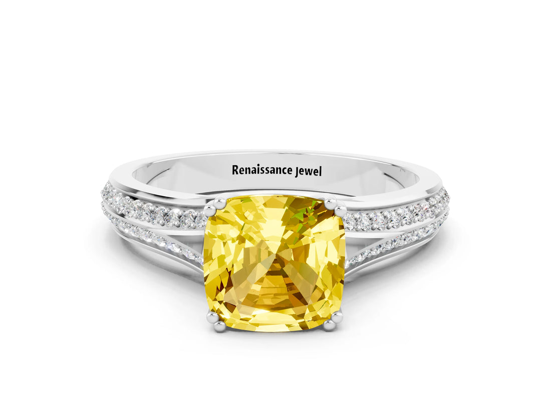 White gold Cushion Cut Yellow Sapphire Split Shank Engagement Ring with Pavé Band_24
