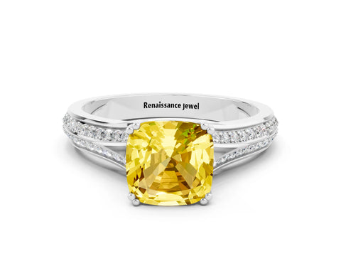 White gold Cushion Cut Yellow Sapphire Split Shank Engagement Ring with Pavé Band_24
