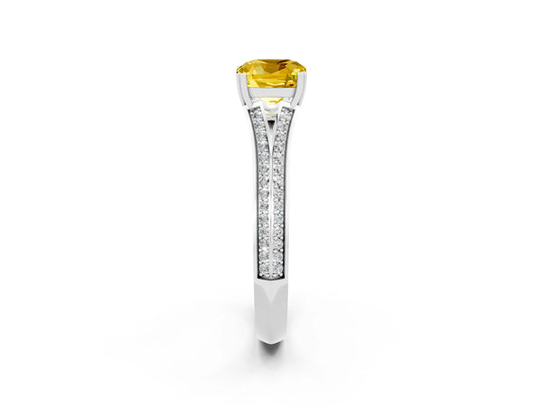 Platinum Cushion Cut Yellow Sapphire Split Shank Engagement Ring with Pavé Band