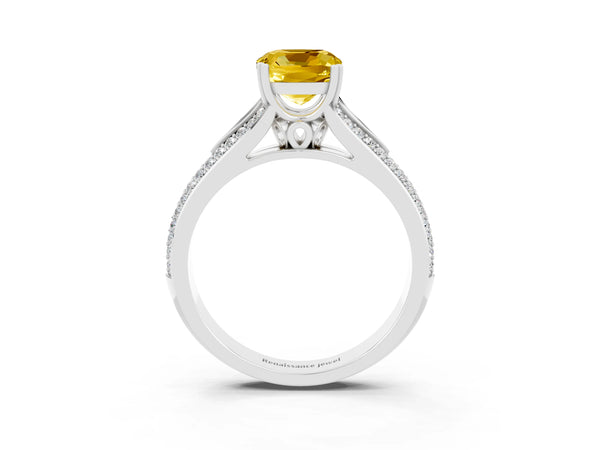 Silver Cushion Cut Yellow Sapphire Split Shank Engagement Ring with Pavé Band