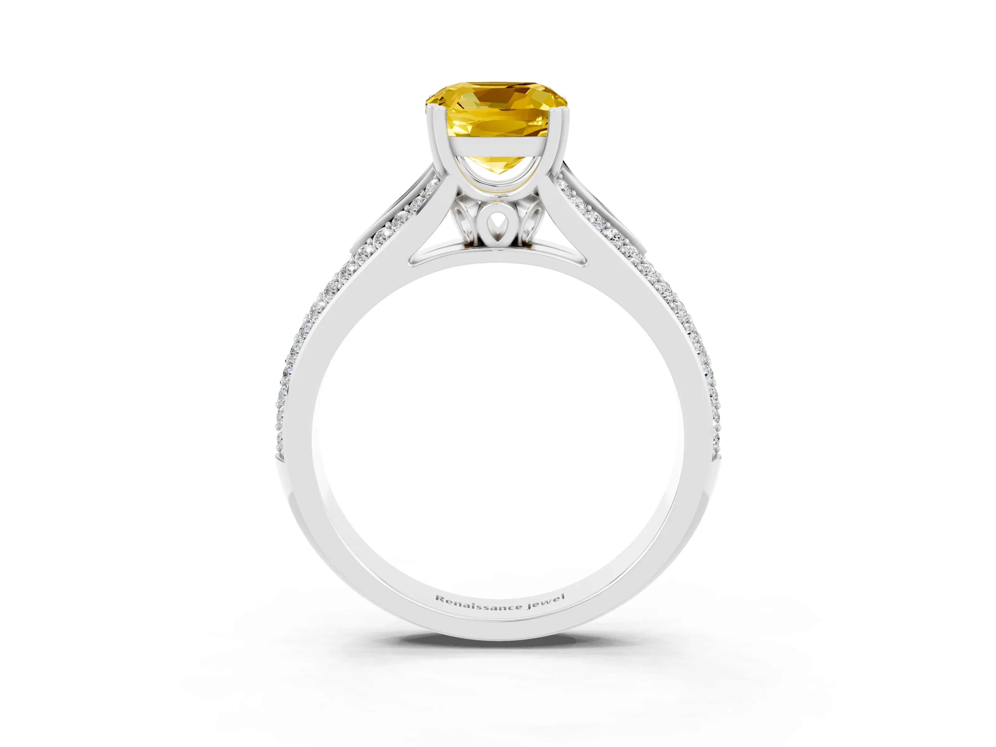 White gold Cushion Cut Yellow Sapphire Split Shank Engagement Ring with Pavé Band_27