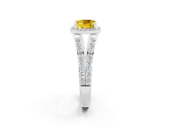 Platinum Cushion Cut Yellow Sapphire Split Shank Halo Ring with Four-Prong Setting