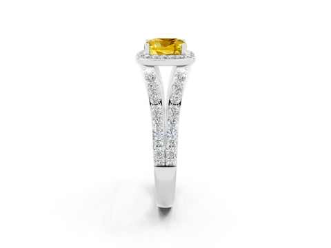 White gold Cushion Cut Yellow Sapphire Split Shank Halo Ring with Four-Prong Setting_62