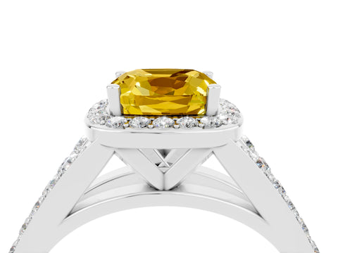 White gold Cushion Cut Yellow Sapphire Split Shank Halo Ring with Four-Prong Setting_64