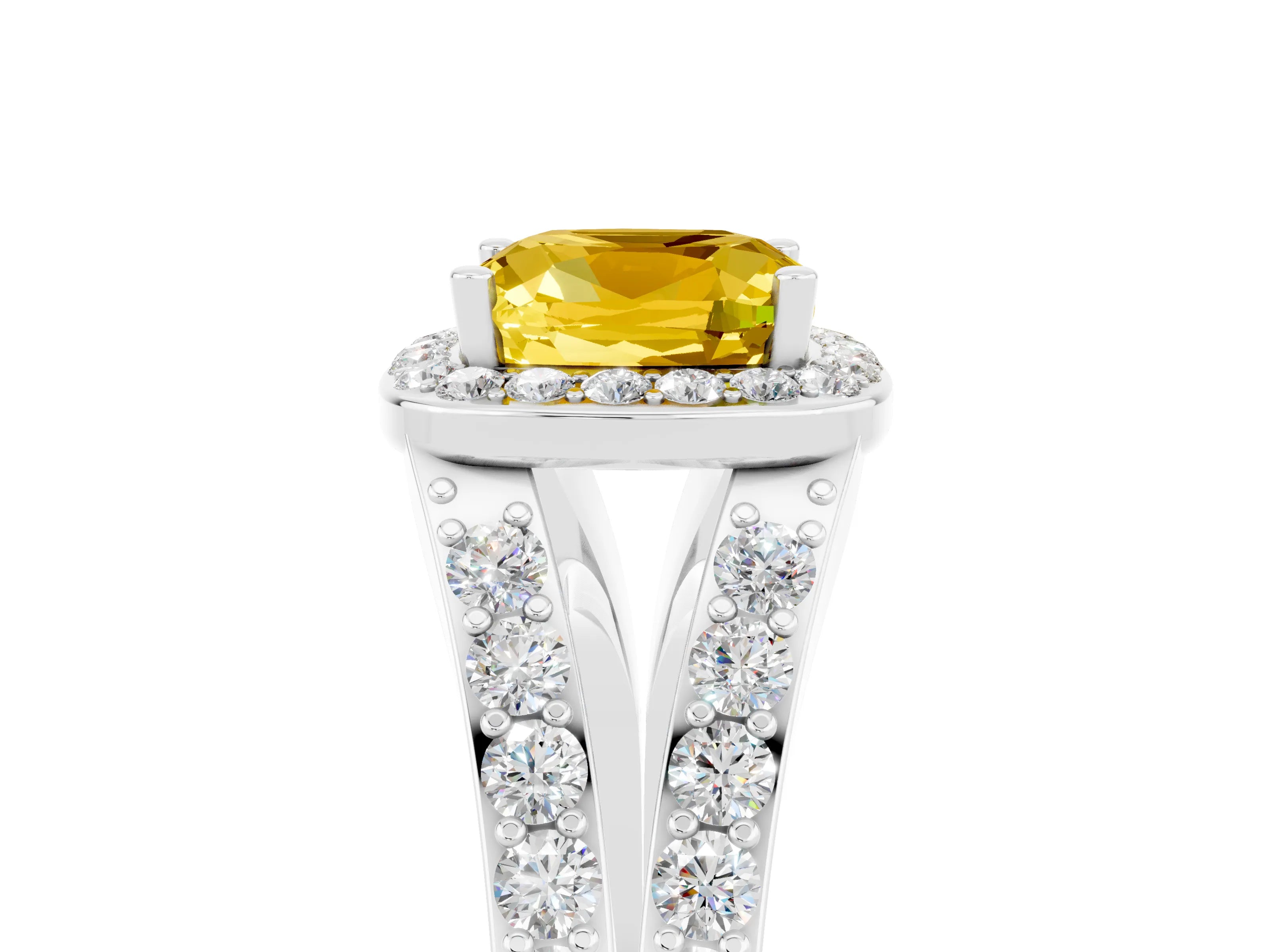 White gold Cushion Cut Yellow Sapphire Split Shank Halo Ring with Four-Prong Setting_65