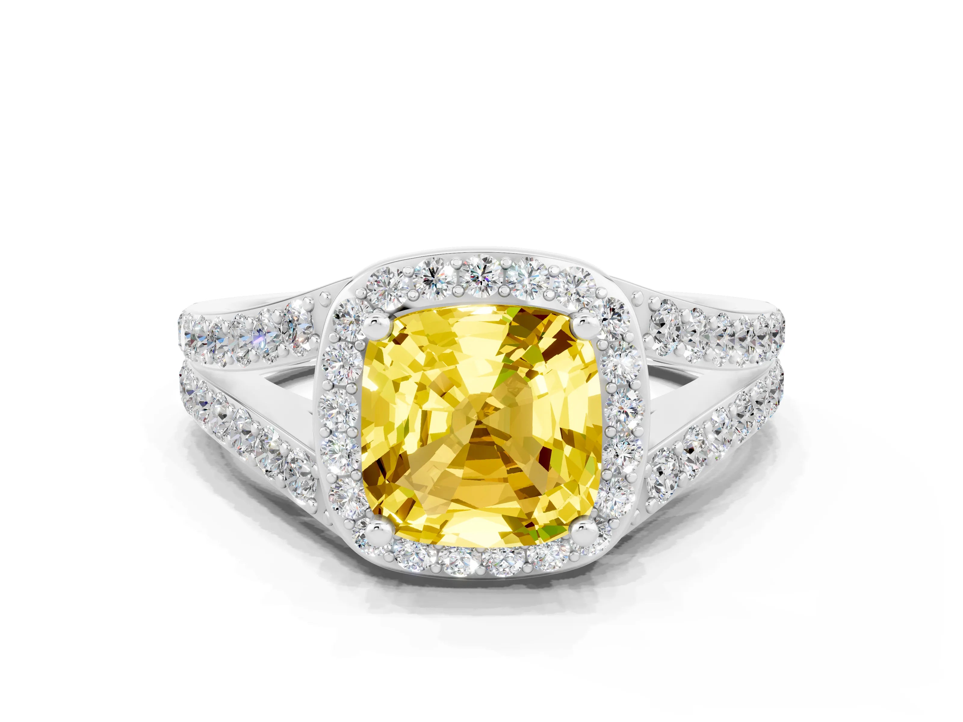 White gold Cushion Cut Yellow Sapphire Split Shank Halo Ring with Four-Prong Setting_67