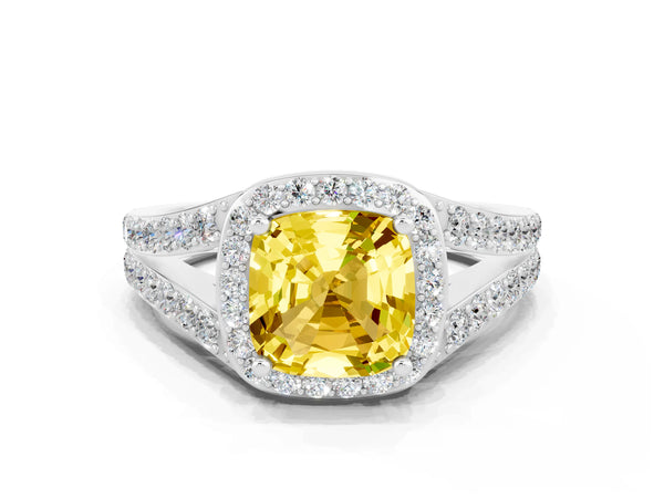 White gold Cushion Cut Yellow Sapphire Split Shank Halo Ring with Four-Prong Setting