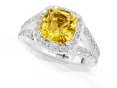 White gold Cushion Cut Yellow Sapphire Split Shank Halo Ring with Four-Prong Setting_68