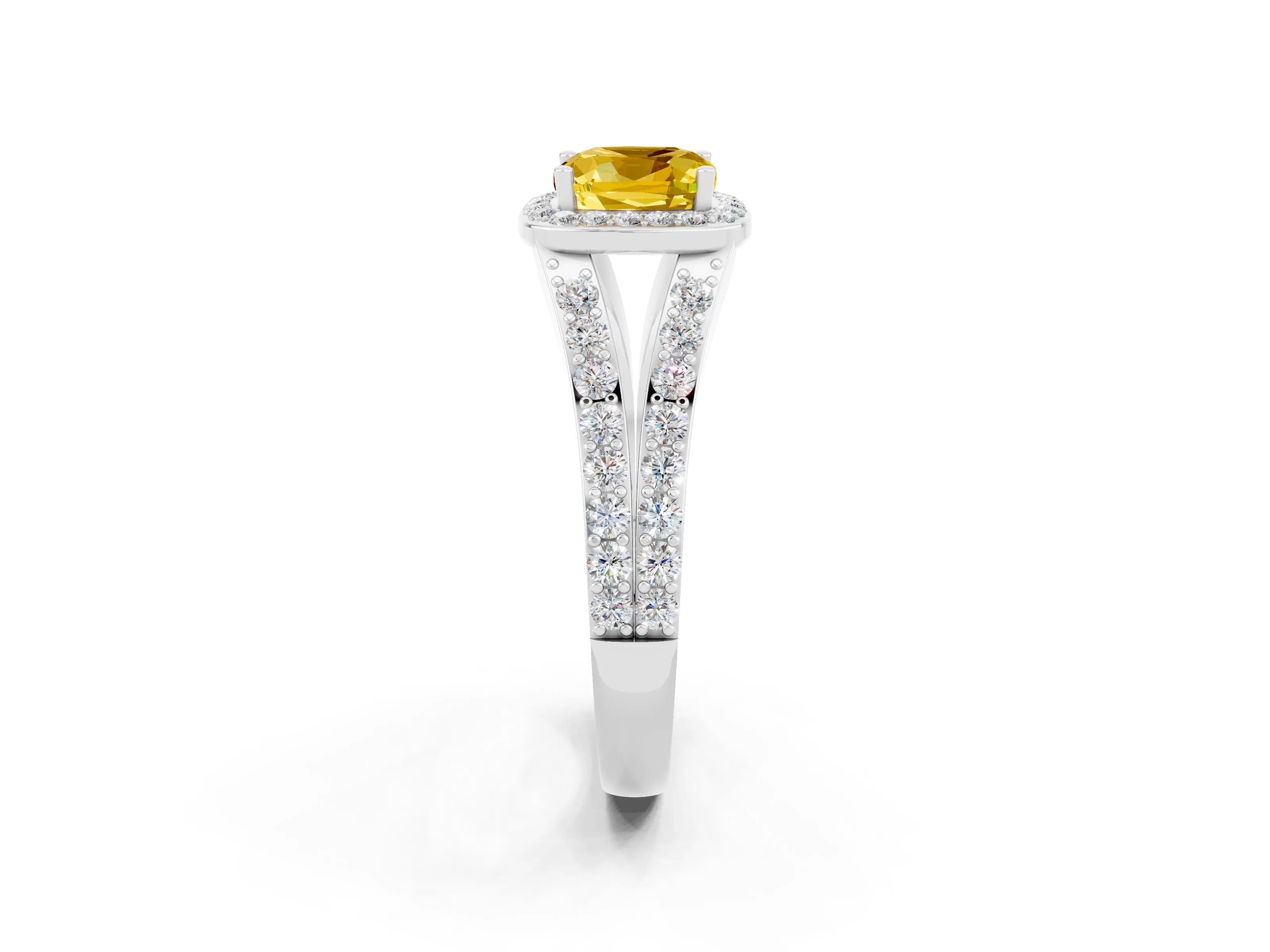 White gold Cushion Cut Yellow Sapphire Split Shank Halo Ring with Four-Prong Setting_69