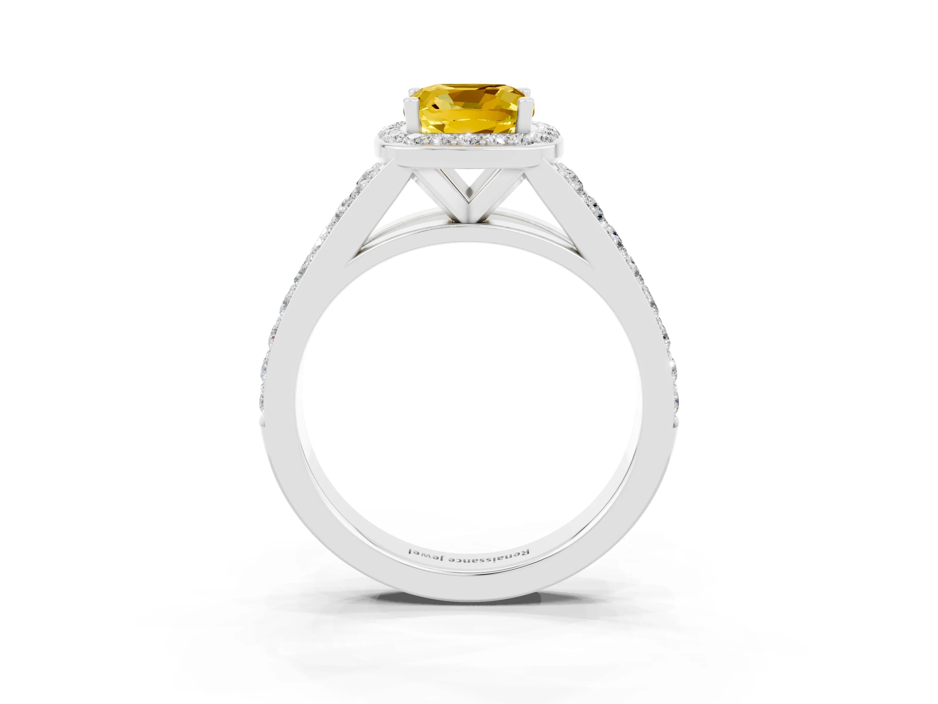 White gold Cushion Cut Yellow Sapphire Split Shank Halo Ring with Four-Prong Setting_70