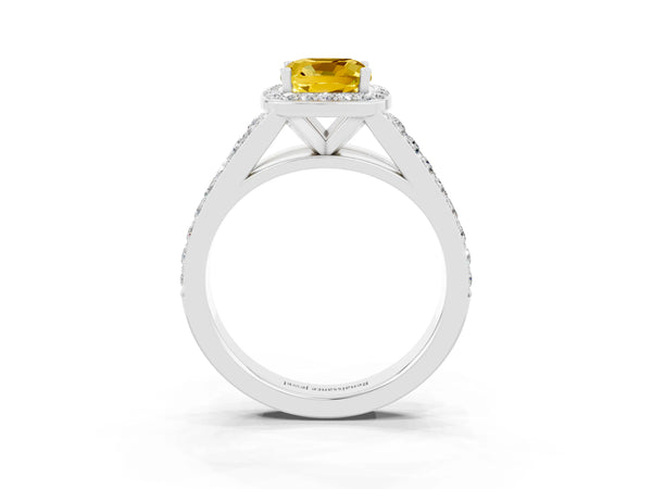 White gold Cushion Cut Yellow Sapphire Split Shank Halo Ring with Four-Prong Setting