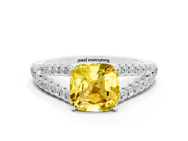 Platinum Cushion Cut Yellow Sapphire Split Shank Pavé Engagement Ring with Four-Prong Setting