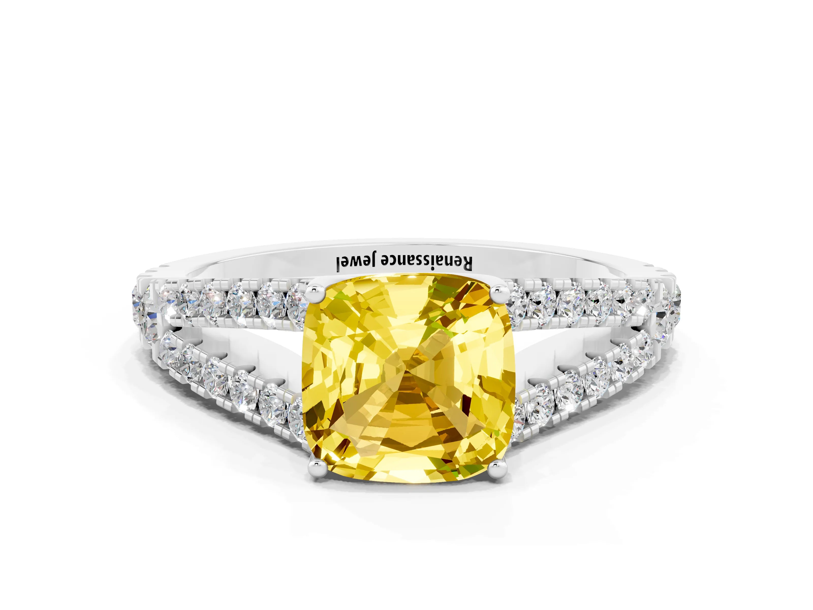 White gold Cushion Cut Yellow Sapphire Split Shank Pavé Engagement Ring with Four-Prong Setting_12
