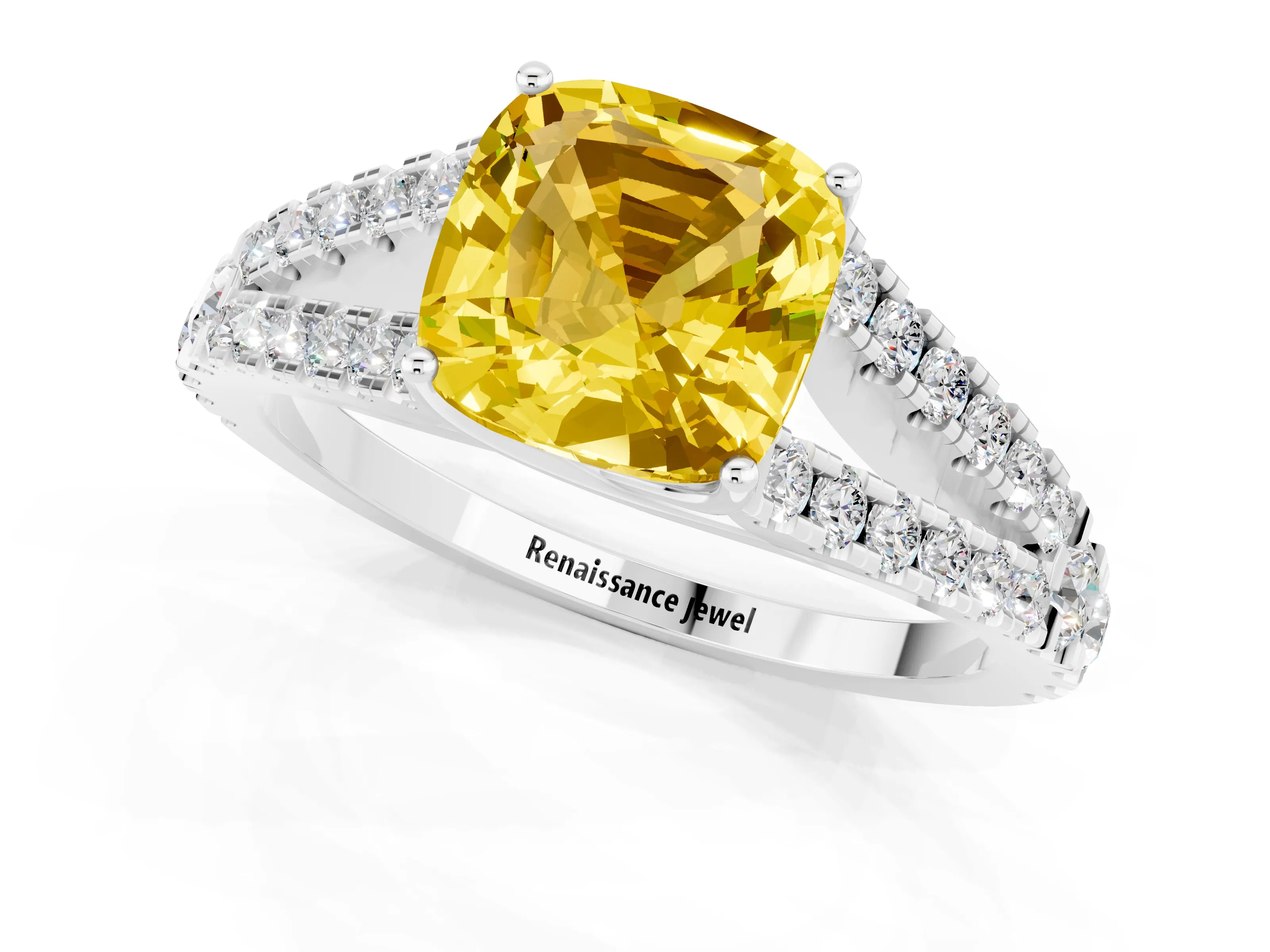 White gold Cushion Cut Yellow Sapphire Split Shank Pavé Engagement Ring with Four-Prong Setting_13