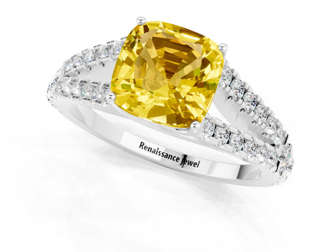 White gold Cushion Cut Yellow Sapphire Split Shank Pavé Engagement Ring with Four-Prong Setting_13