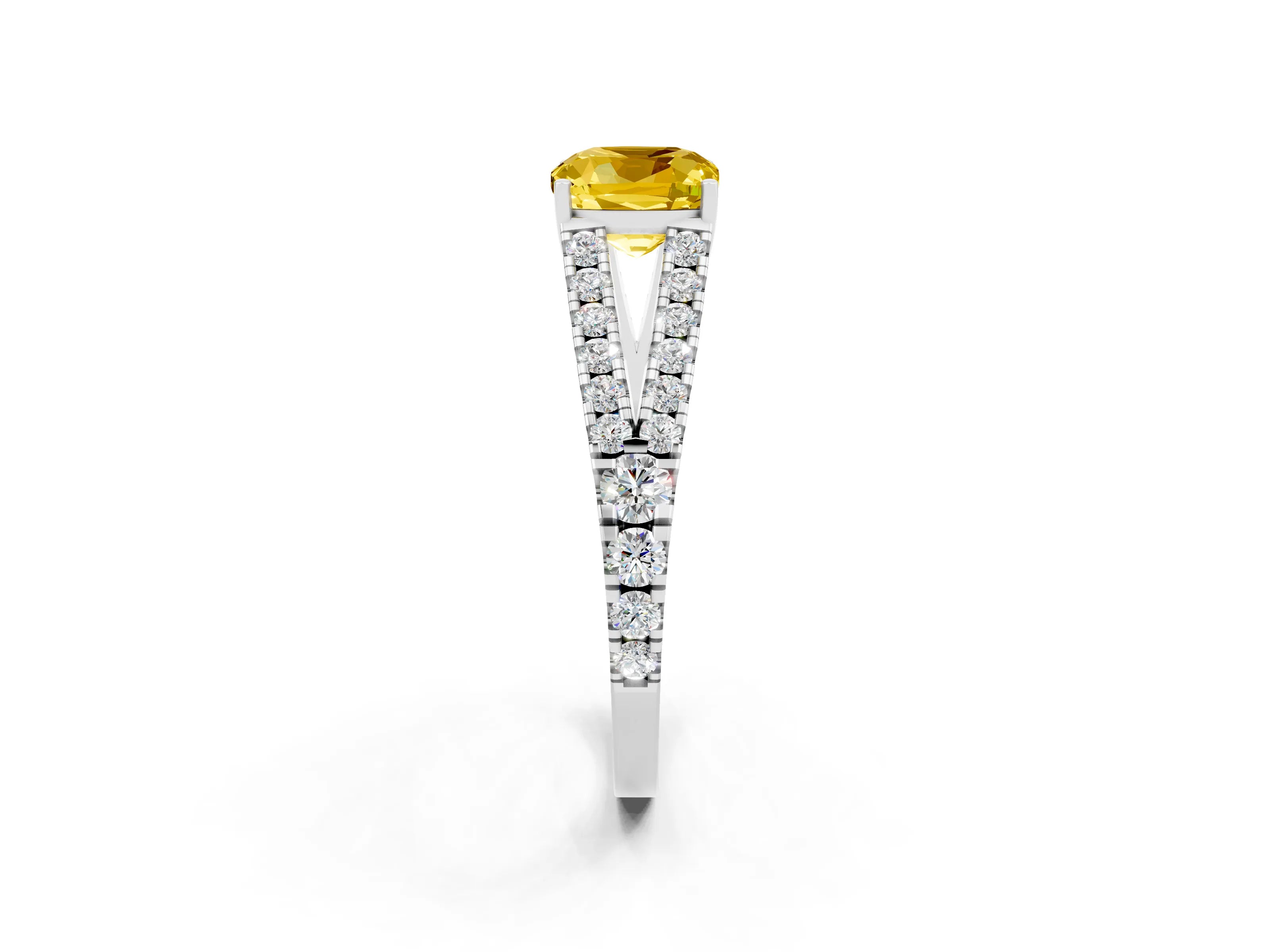 White gold Cushion Cut Yellow Sapphire Split Shank Pavé Engagement Ring with Four-Prong Setting_14
