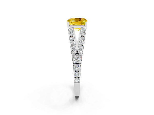 Silver Cushion Cut Yellow Sapphire Split Shank Pavé Engagement Ring with Four-Prong Setting