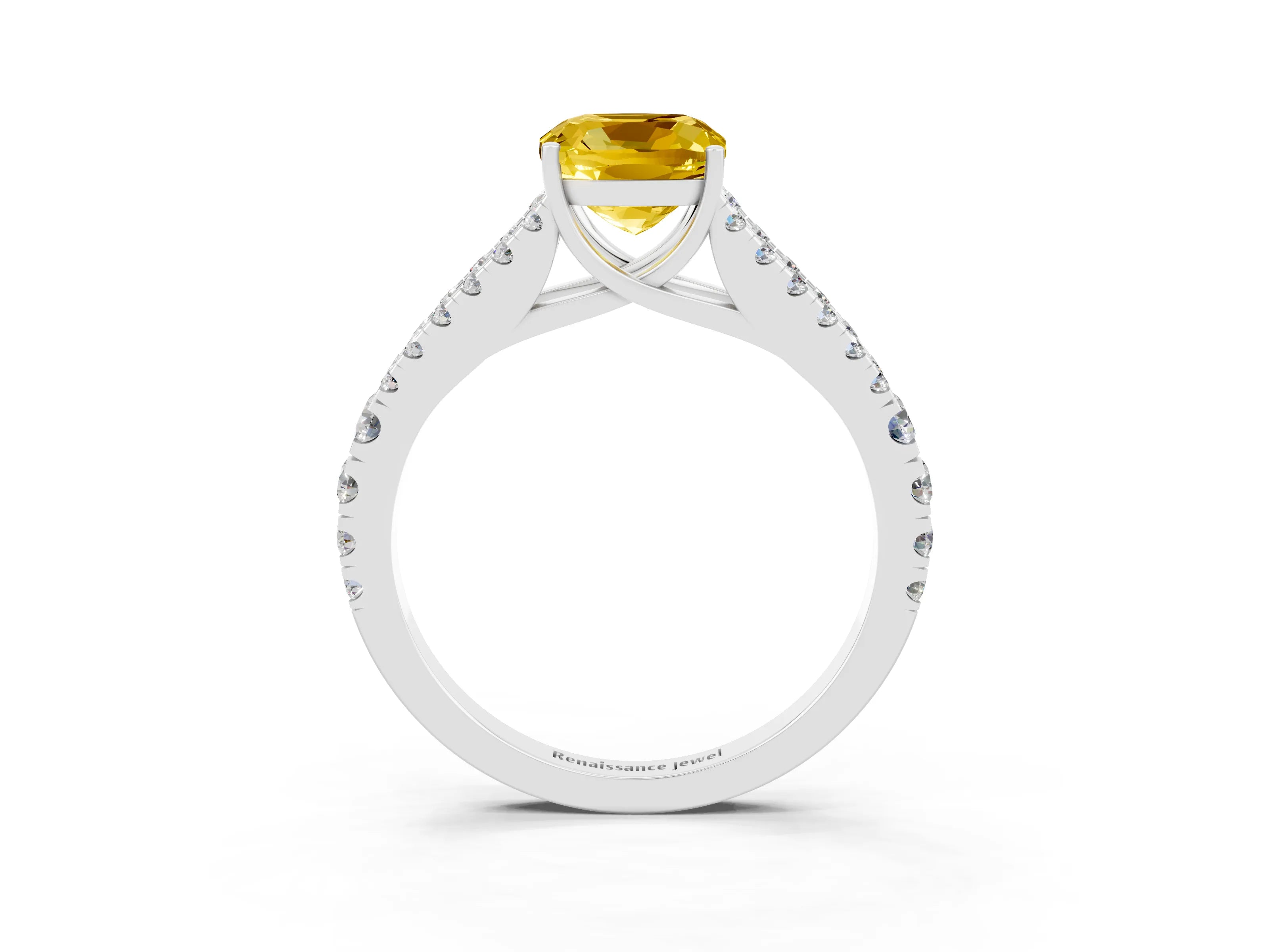 White gold Cushion Cut Yellow Sapphire Split Shank Pavé Engagement Ring with Four-Prong Setting_15