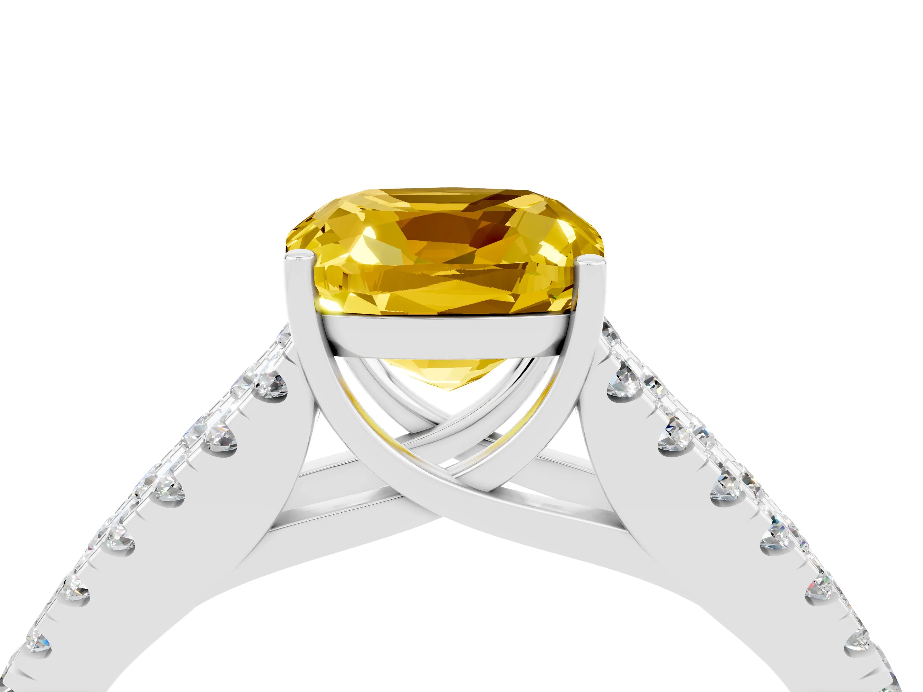 White gold Cushion Cut Yellow Sapphire Split Shank Pavé Engagement Ring with Four-Prong Setting_16