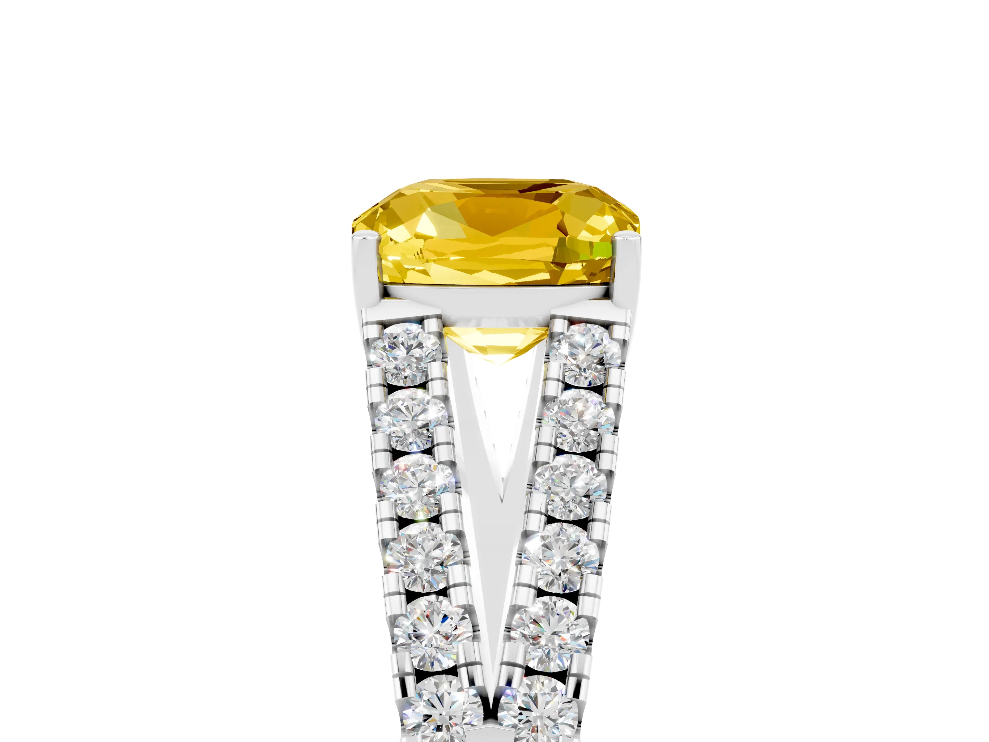 White gold Cushion Cut Yellow Sapphire Split Shank Pavé Engagement Ring with Four-Prong Setting_17