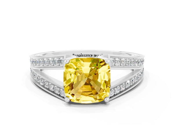 Platinum Cushion Cut Yellow Sapphire Split Shank Ring with Pavé Band and Four-Prong Setting