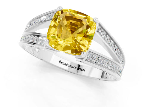 White gold Cushion Cut Yellow Sapphire Split Shank Ring with Pavé Band and Four-Prong Setting_1