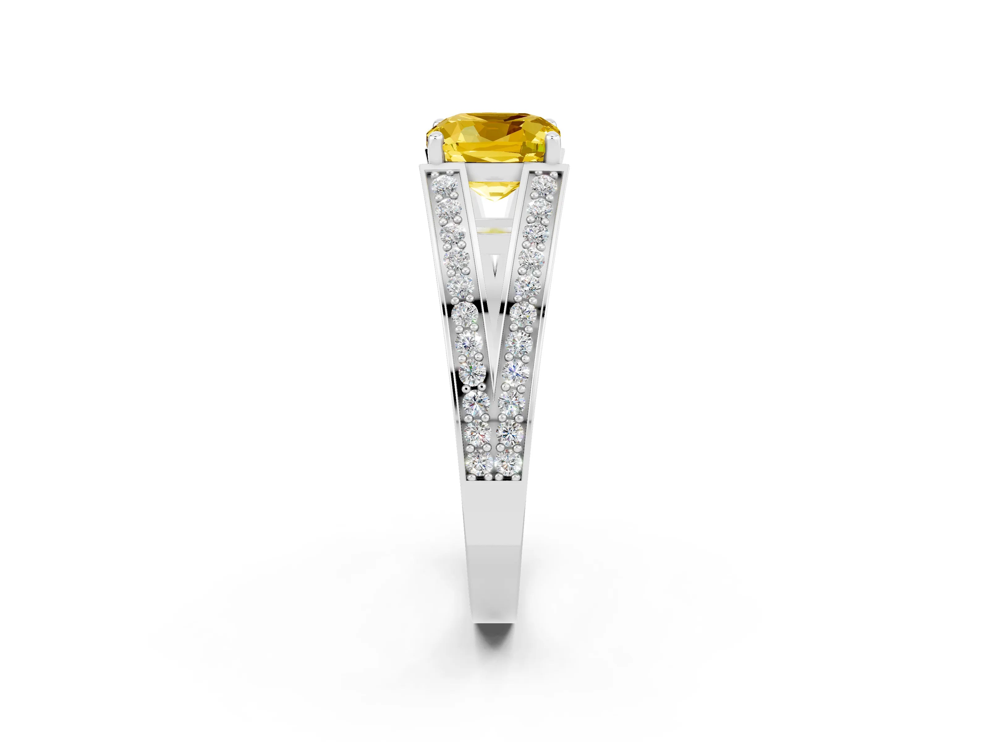 White gold Cushion Cut Yellow Sapphire Split Shank Ring with Pavé Band and Four-Prong Setting_2