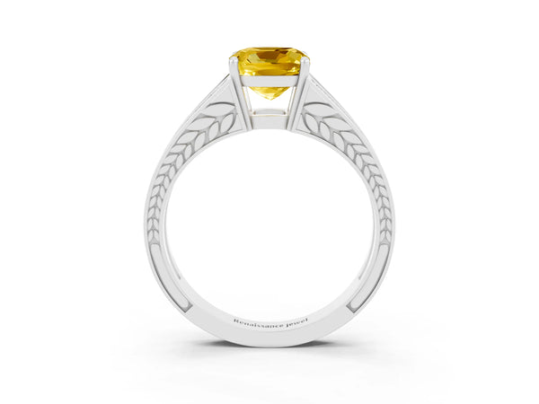 Silver Cushion Cut Yellow Sapphire Split Shank Ring with Pavé Band and Four-Prong Setting