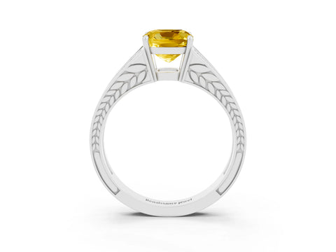 White gold Cushion Cut Yellow Sapphire Split Shank Ring with Pavé Band and Four-Prong Setting_3
