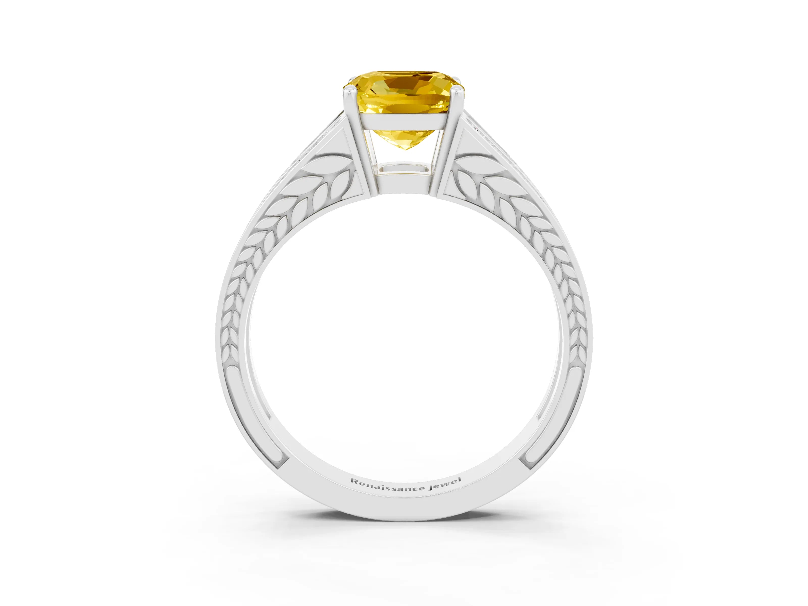 White gold Cushion Cut Yellow Sapphire Split Shank Ring with Pavé Band and Four-Prong Setting_3