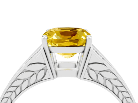 White gold Cushion Cut Yellow Sapphire Split Shank Ring with Pavé Band and Four-Prong Setting_4