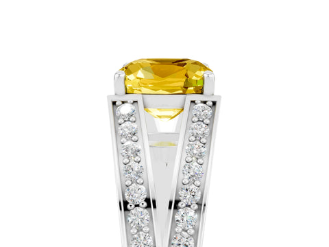 White gold Cushion Cut Yellow Sapphire Split Shank Ring with Pavé Band and Four-Prong Setting_5