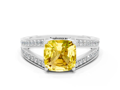 White gold Cushion Cut Yellow Sapphire Split Shank Ring with Pavé Band and Four-Prong Setting