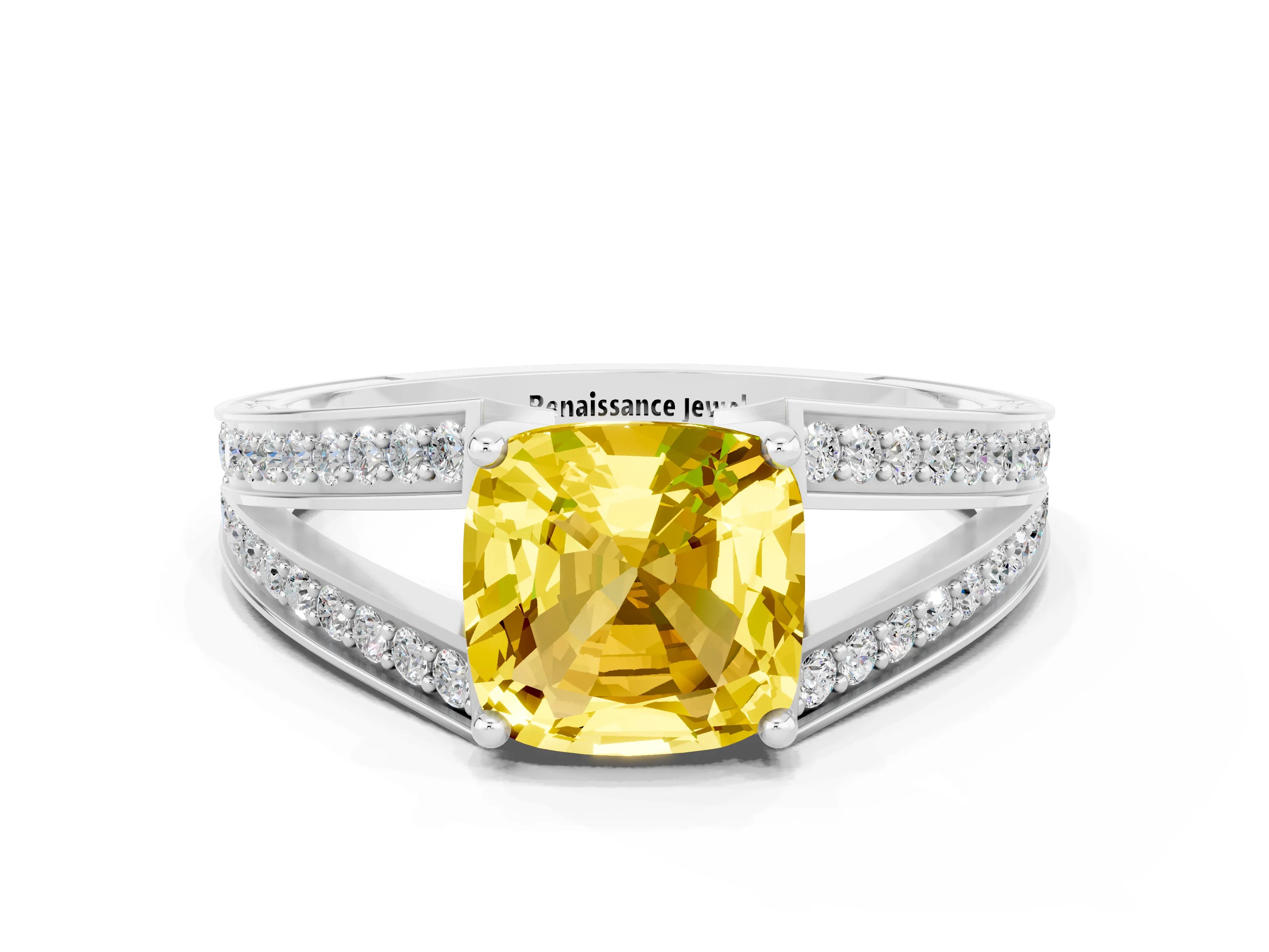 White gold Cushion Cut Yellow Sapphire Split Shank Ring with Pavé Band and Four-Prong Setting