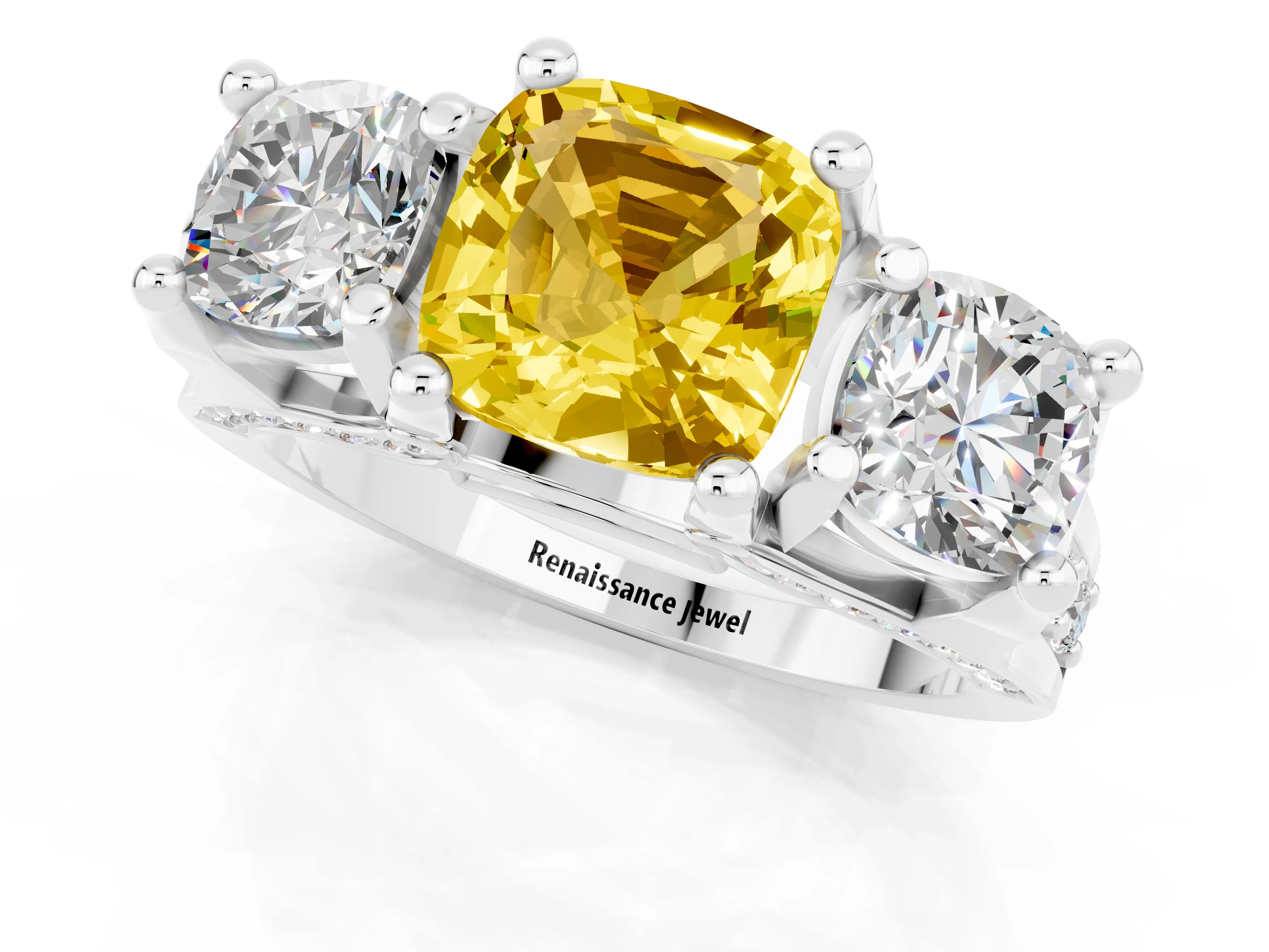 White gold Cushion Cut Yellow Sapphire Three-Stone Ring with Channel Set Band and Four-Prong Setting_1