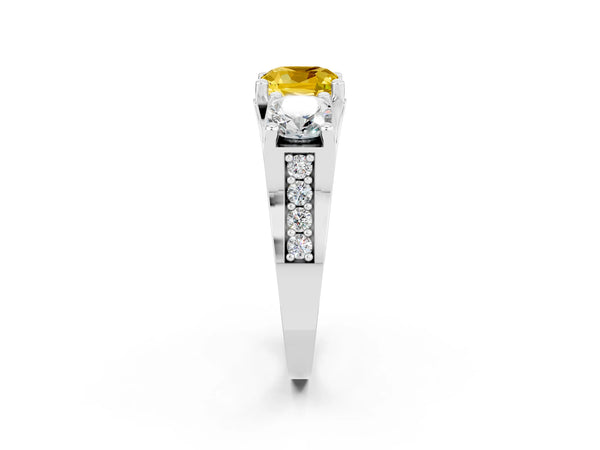 Platinum Cushion Cut Yellow Sapphire Three-Stone Ring with Channel Set Band and Four-Prong Setting