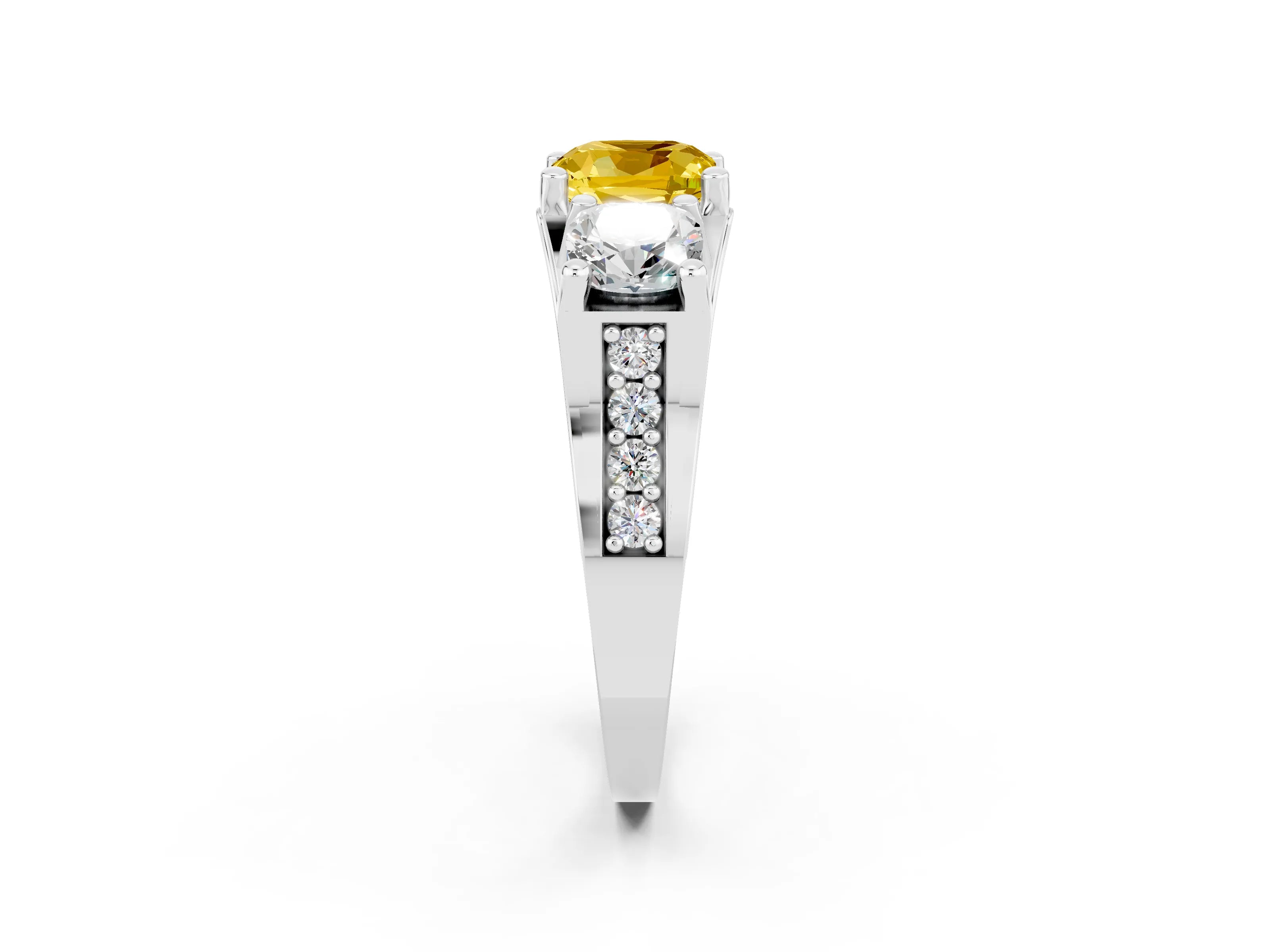 White gold Cushion Cut Yellow Sapphire Three-Stone Ring with Channel Set Band and Four-Prong Setting_2